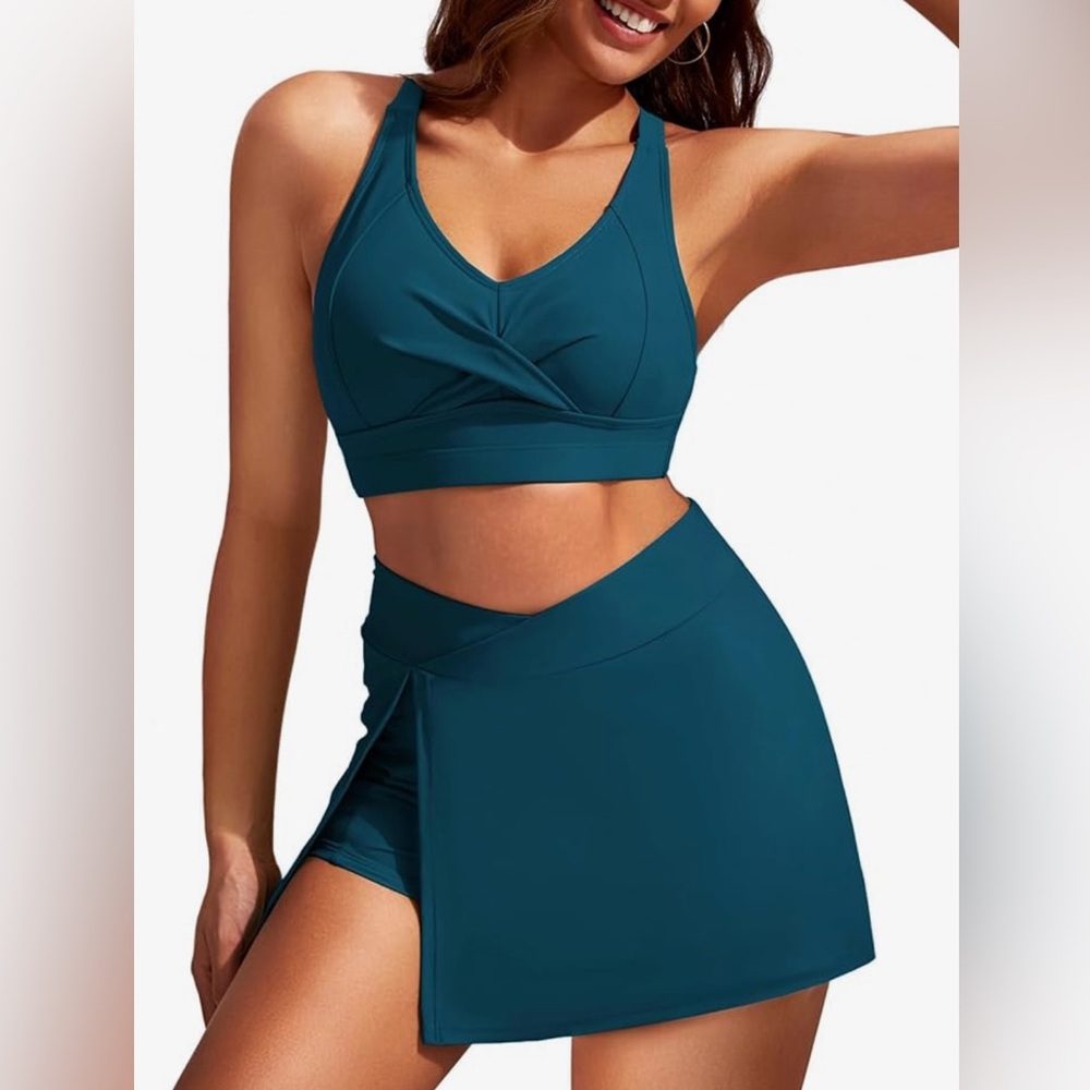 Kate Kasin Teal Blue 2 Piece Athleisure Bikini Swimsuit Set Skirted Sporty 2XL
